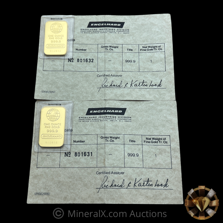 Sequential Pair of Vintage Engelhard 1oz Gold Bars Mint in Original Seals Still Attached To Rare Beige Assay Card